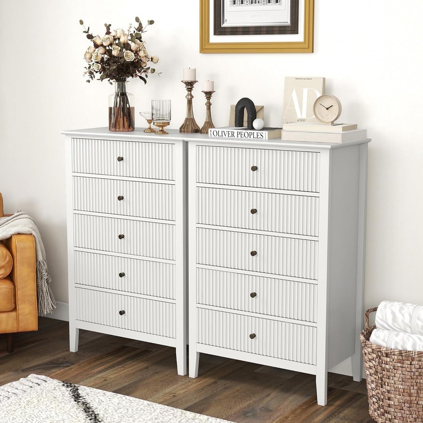 RoyalCraft Fluted 5 Drawers Dresser Set of 2 for Bedroom, Tall Chest of Drawer with Silent Slide Drawers, Modern Wood Storage Cabinet Organizer for Living Room, Hallway, Entryway, White