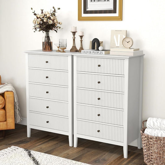 RoyalCraft Fluted 5 Drawers Dresser Set of 2 for Bedroom, Tall Chest of Drawer with Silent Slide Drawers, Modern Wood Storage Cabinet Organizer for Living Room, Hallway, Entryway, White