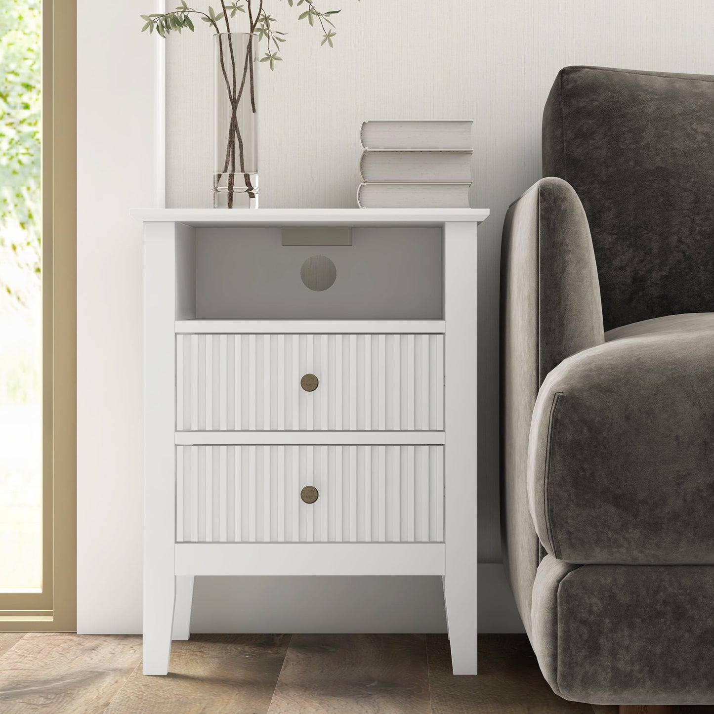 RoyalCraft Large White 3 Drawer Dresser Set of 2 with Fluted Panel, Modern Chest of Drawers with Silent Slide Drawers, Wood Accent Nightstand with Storage for Bedroom Living Room, Nursery, Hallway