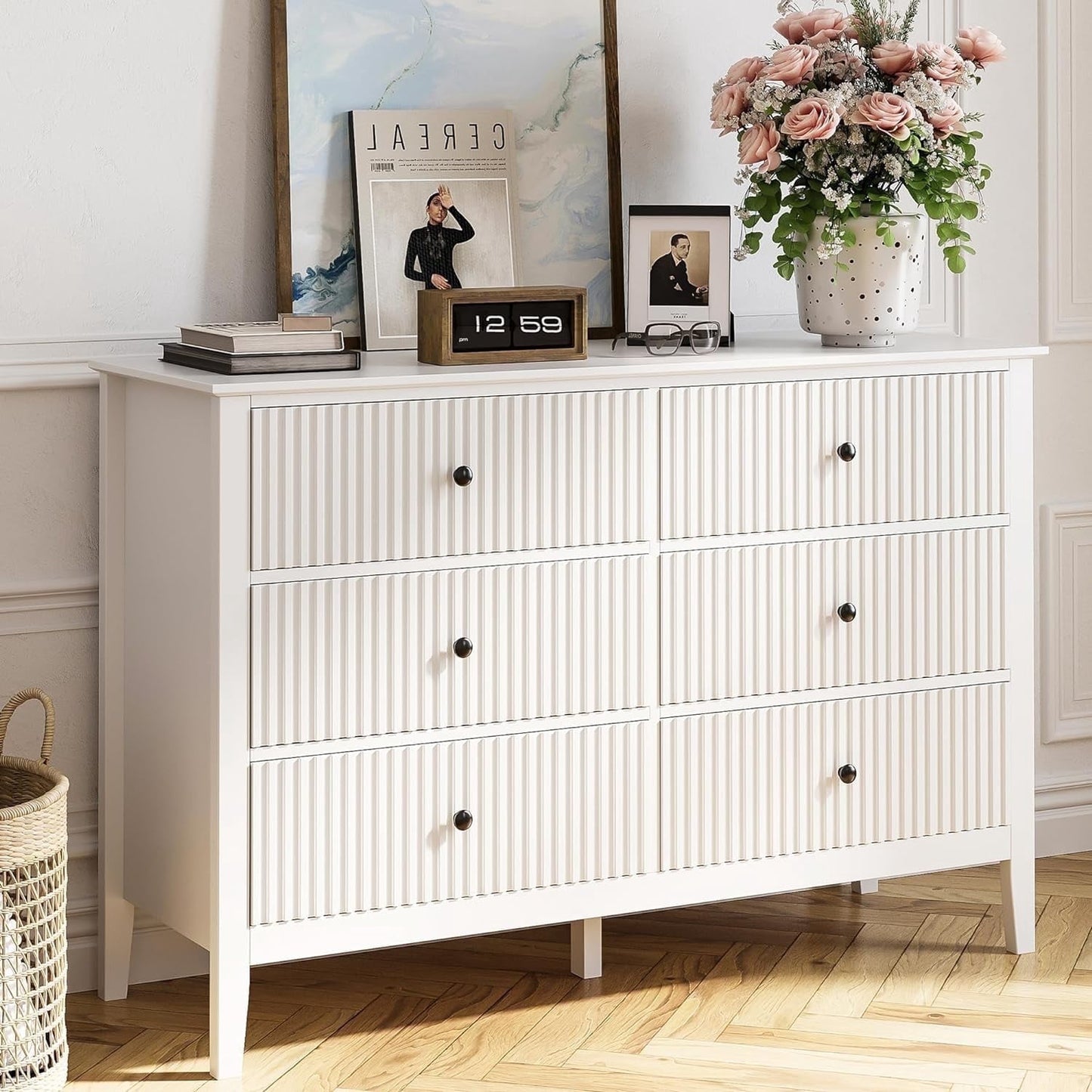RoyalCraft Revamp 6-Drawer Double Dresser, White Wooden Storage Cabinet for Bedroom