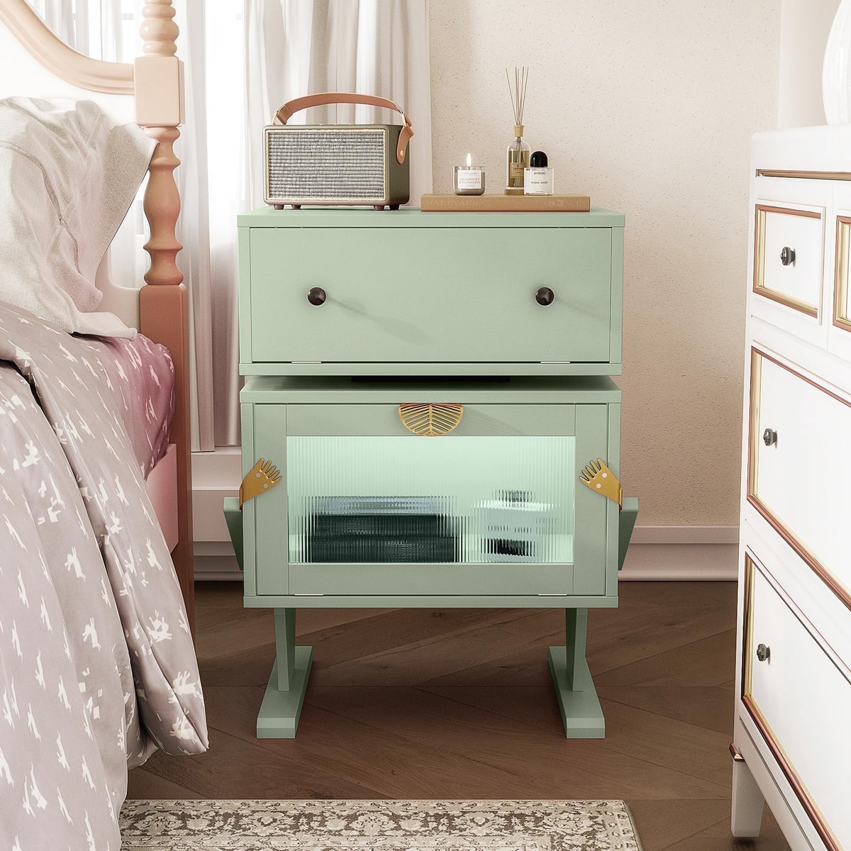 May in Color Nightstand with LED Light Strips, Modern End Table with 360¡ã Rotating Drawer, Bedside Table with Glass Door Storage, Wood Night Stand Cabinet for Living Room, Bedroom, Green