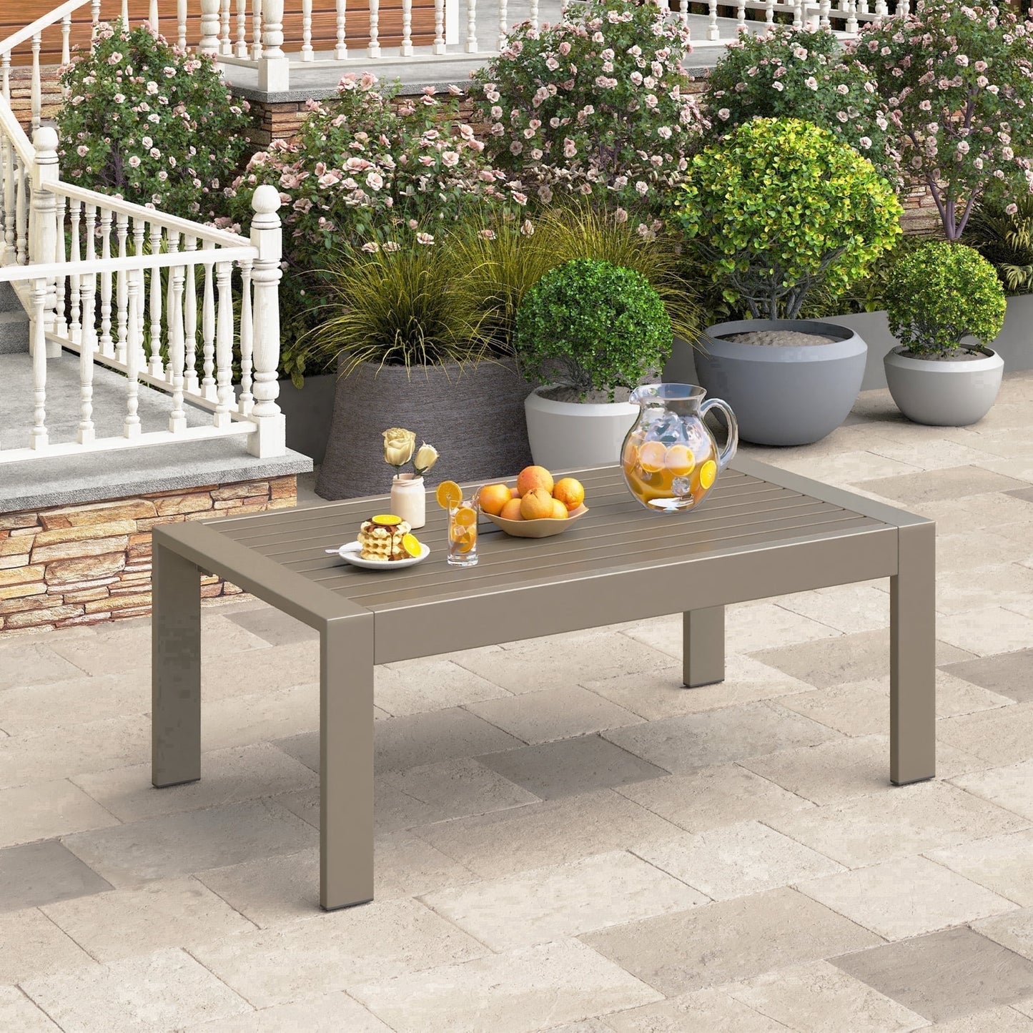 May in Color Outdoor Coffee Table Rectangle, Metal Patio Coffee Table for Balcony, Garden, Deck, Backyard, Beige