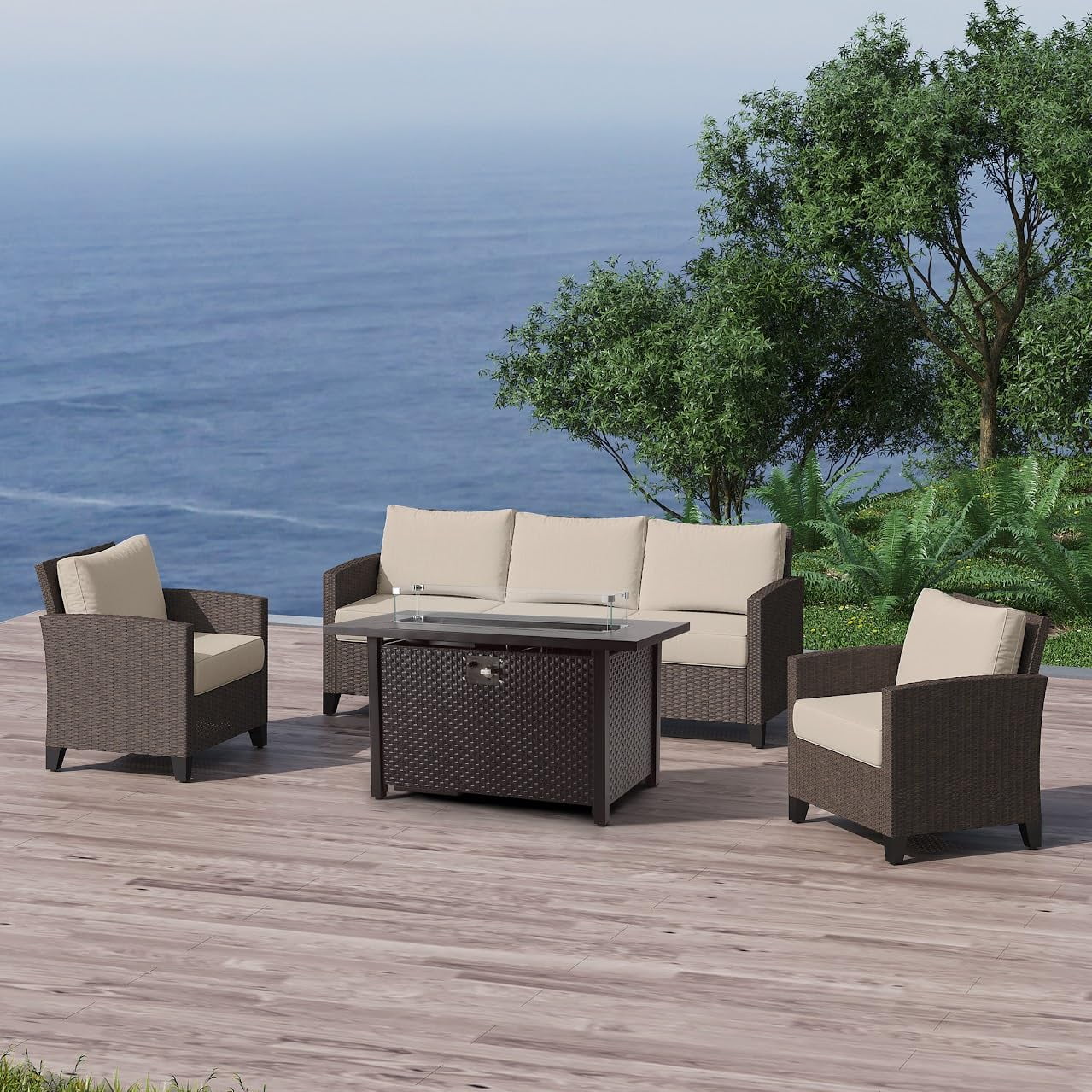 RoyalCraft Outdoor Patio Furniture Set, 4 Piece Outdoor Rattan Sofa Set, All Weather Wicker Conversation Set with Fire Pit Table for Porch Backyard Garden, Khaki