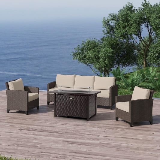 RoyalCraft Outdoor Patio Furniture Set, 4 Piece Outdoor Rattan Sofa Set, All Weather Wicker Conversation Set with Fire Pit Table for Porch Backyard Garden, Khaki