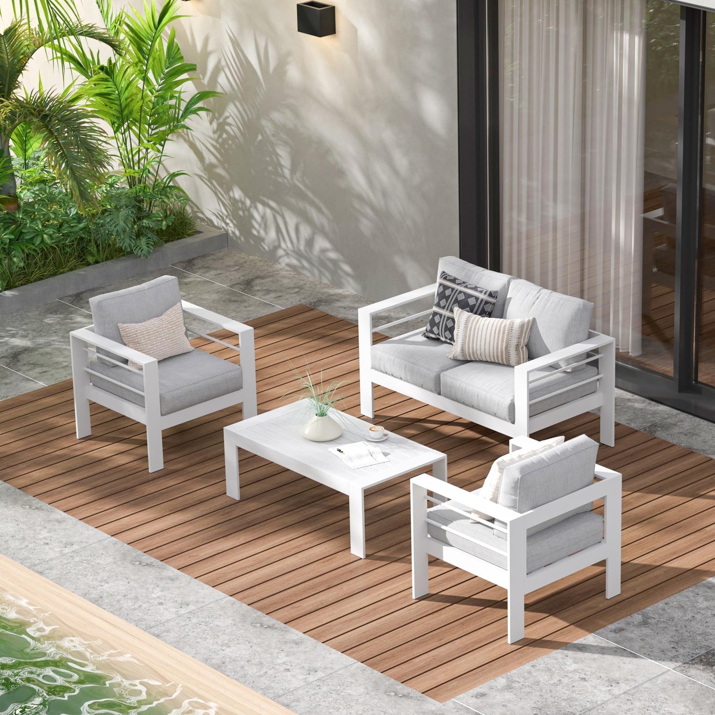 RoyalCraft Outdoor Patio Furniture Set, 4 Pieces Aluminum Sectional Sofa, Metal Patio Conversation Set with Loveseat, 5 Inch Light Grey Cushion and Coffee Table, Blue