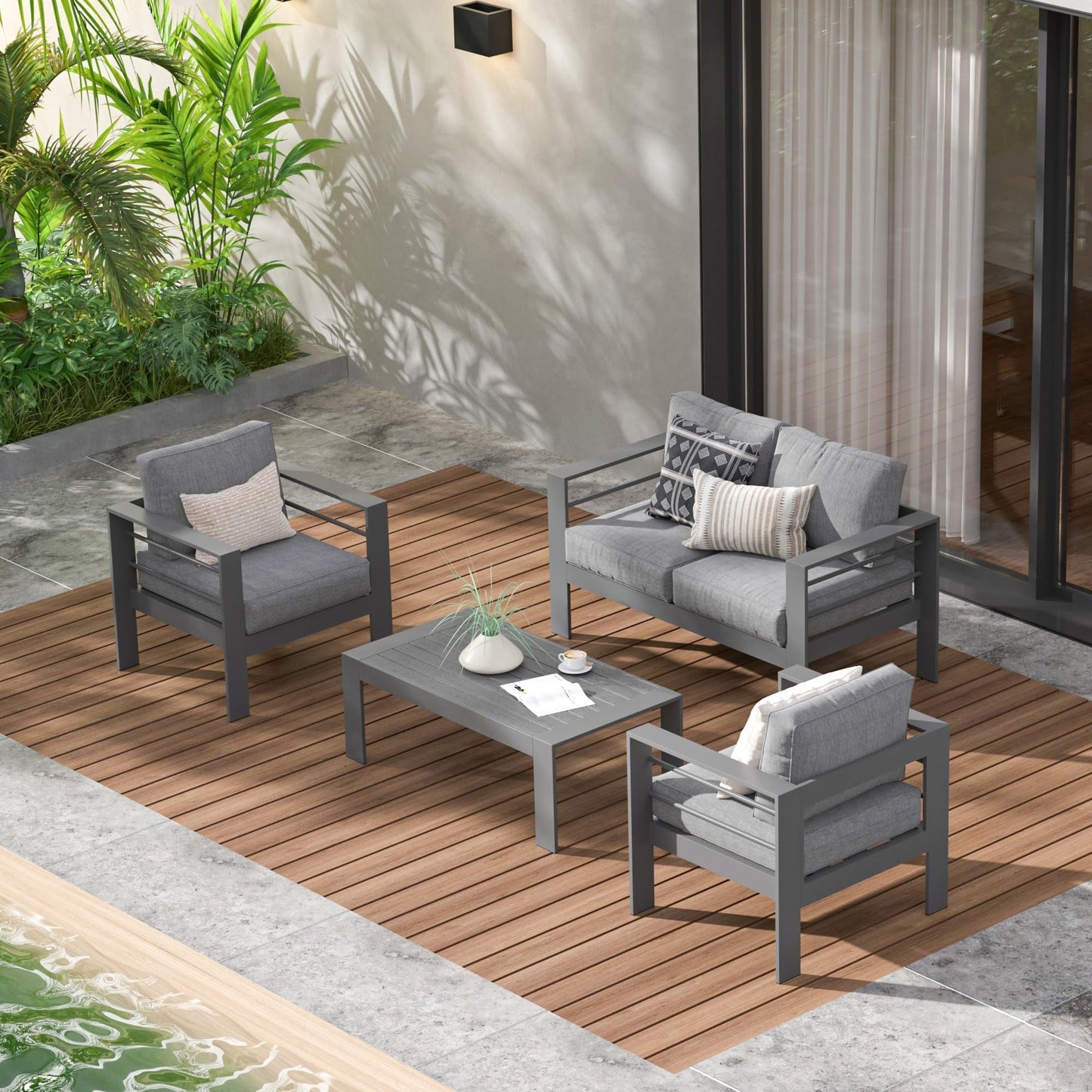 RoyalCraft Outdoor Patio Furniture Set, 4 Pieces Aluminum Sectional Sofa, Metal Patio Conversation Set with Loveseat, 5 Inch Light Grey Cushion and Coffee Table, Blue