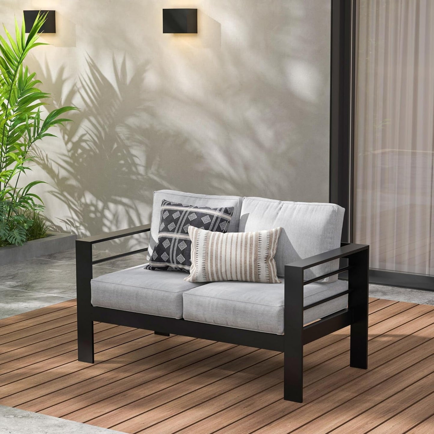 RoyalCraft Patio Furniture Aluminum Loveseat, All-Weather Outdoor 2 Seats Sofa Couch, Black Metal Chair with Blue Cushions