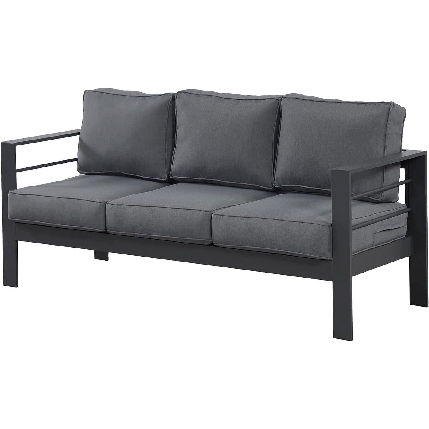 RoyalCraft Patio Furniture Aluminum Sofa, All-Weather Outdoor 3 Seats Couch, Black Metal Chair with Blue Cushions