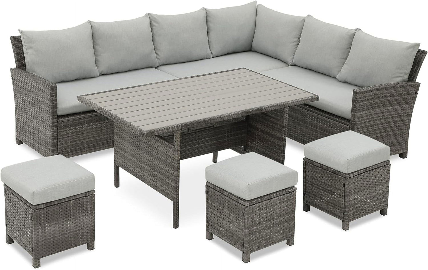 RoyalCraft Patio Furniture Set, 7 Piece High Curved Back Outdoor Dining Sectional Sofa with Dining Table and Chair, All Weather Wicker Conversation Set with Ottoman