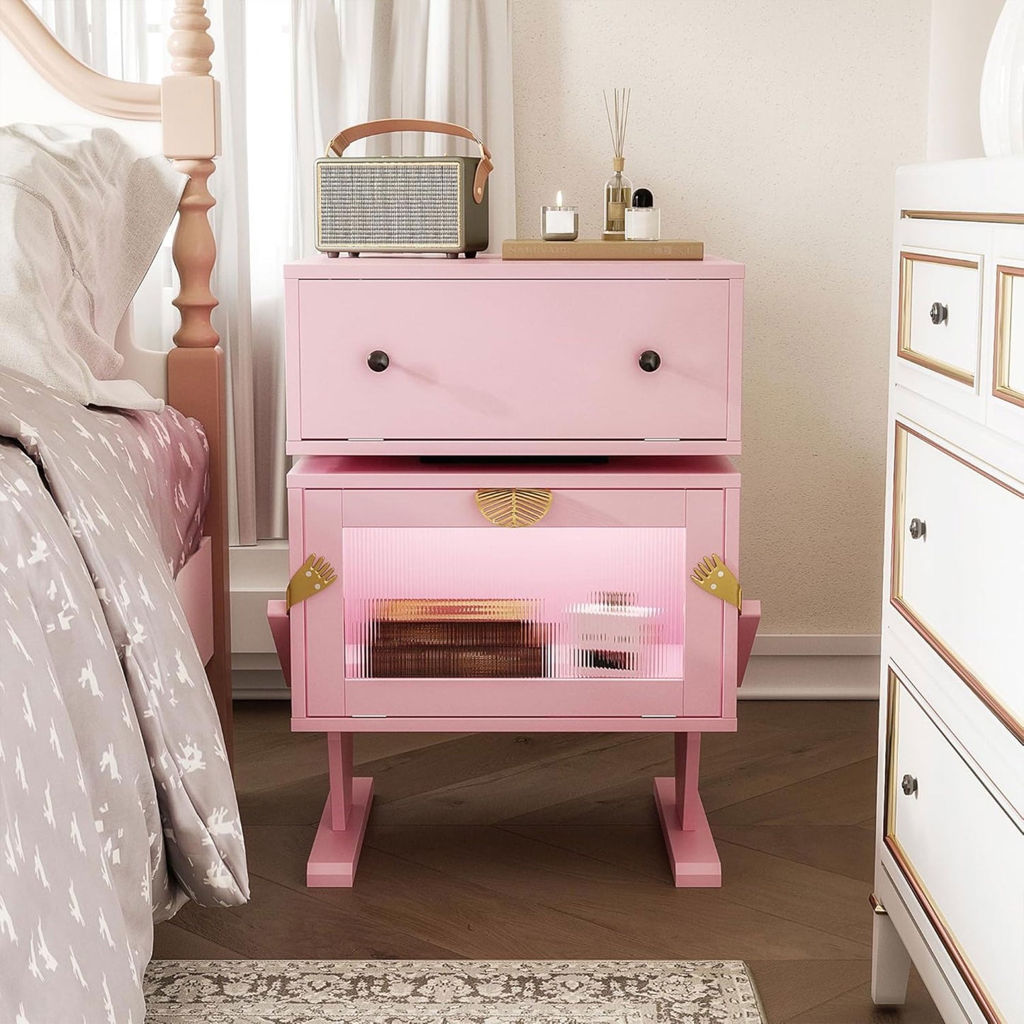RoyalCraft Nightstand with LED Light Strips, Rotating Drawer & Glass Door Storage, Pink
