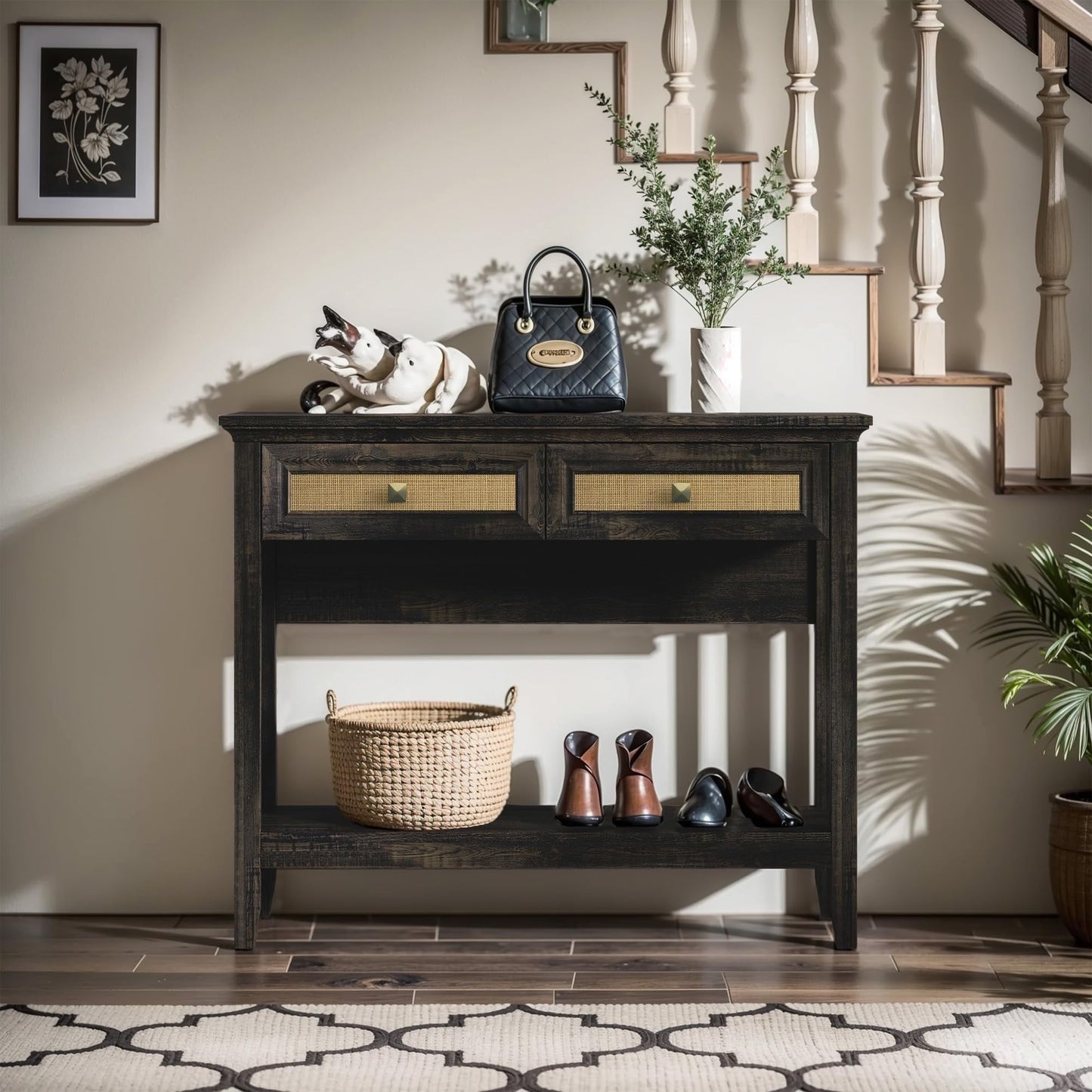 RoyalCraft Rattan Console Table, Boho Entryway Table with 2 Drawers and Storage Shelf, Long Wood Sofa Table for Living Room, Entryway, Front Hall, Hallway, Coffee