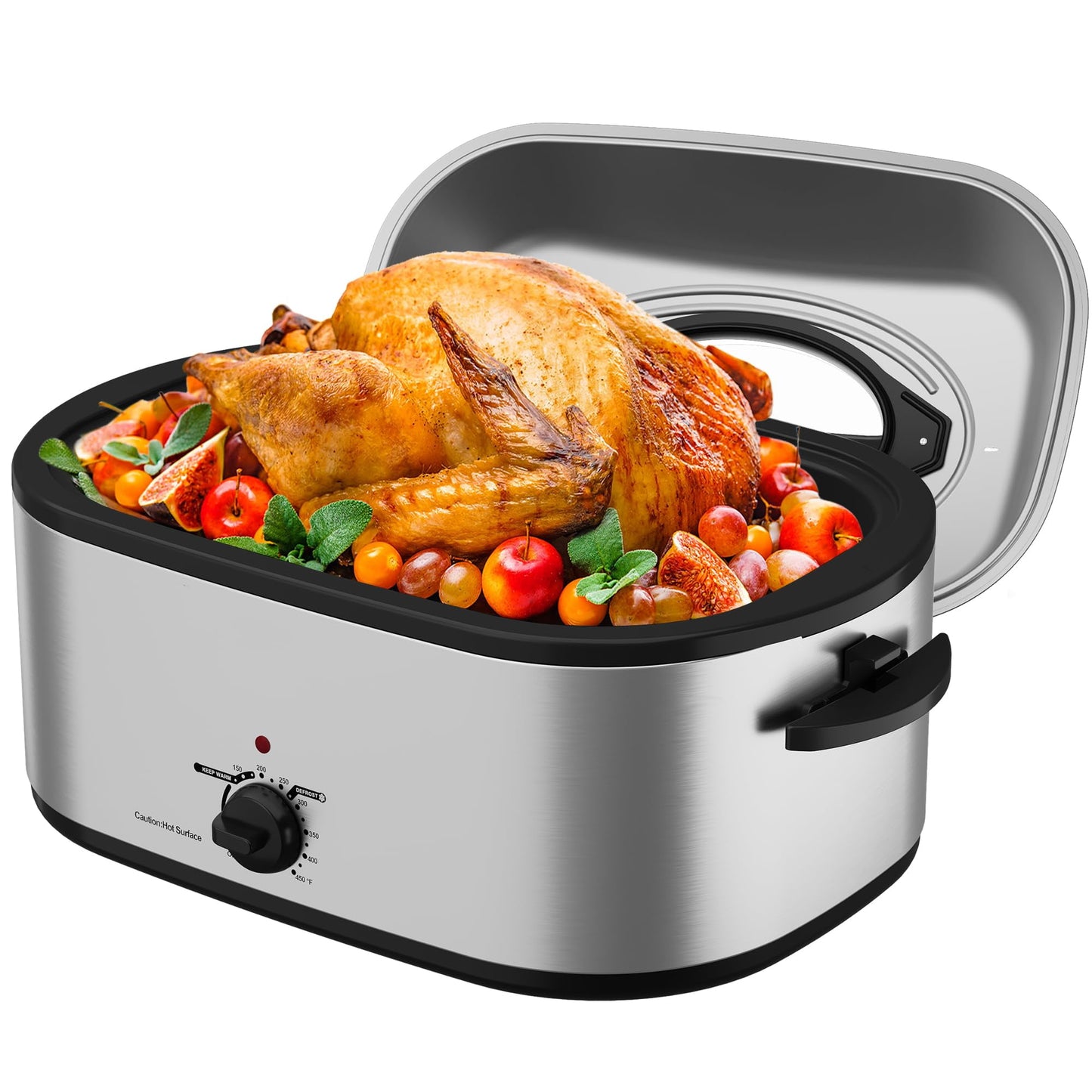 RoyalCraft Roaster Oven 28 Quart, Electric Roaster Oven with Visible & Self-Basting Lid, Turkey Roaster Oven with Removable Pan & Rack, Variable Temperature Control, Stainless Steel, Silver