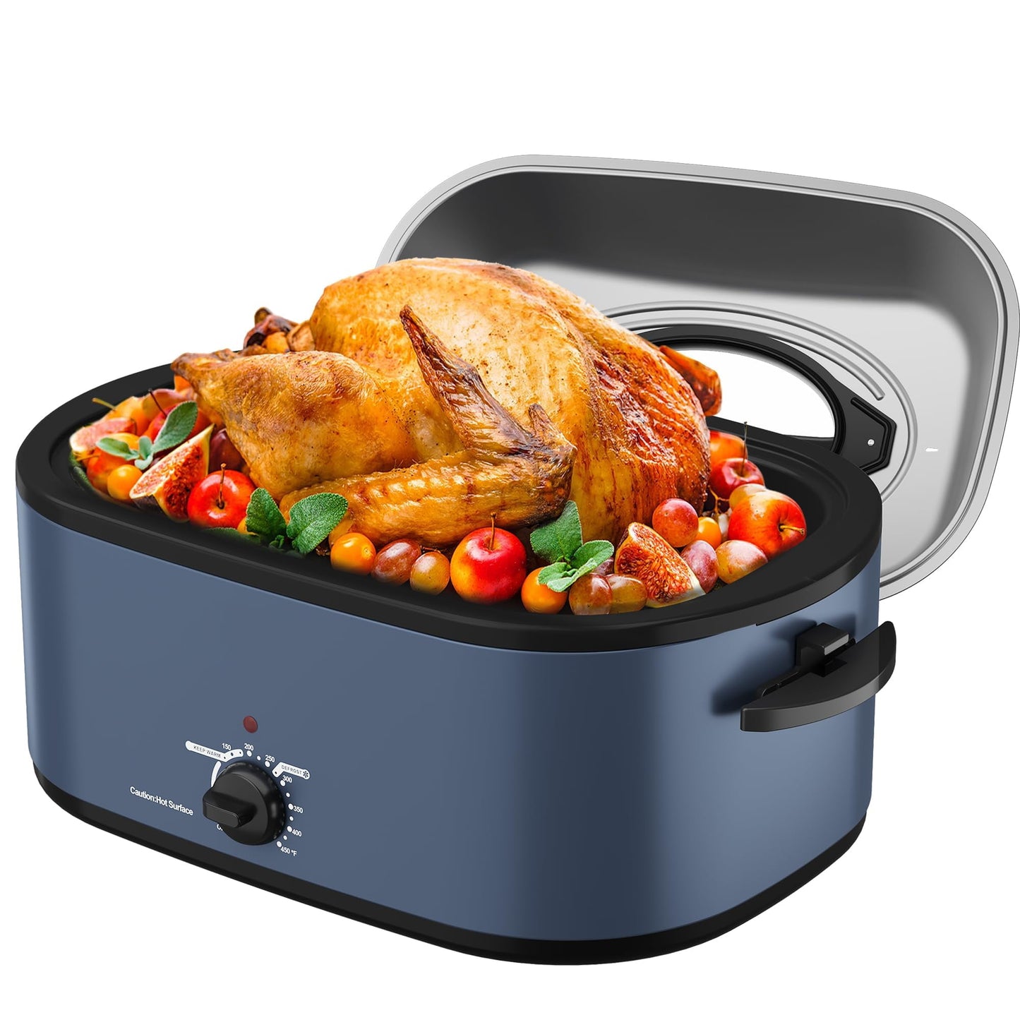 RoyalCraft Roaster Oven 28 Quart, Electric Roaster Oven with Visible & Self-Basting Lid, Turkey Roaster Oven with Removable Pan & Rack, Variable Temperature Control, Stainless Steel, Blue