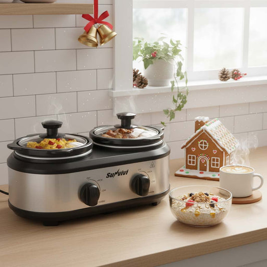 Sunvivi Small Double Slow Cooker, 2 Pot 1.25 Quart Oval Crock Food Warmer Buffet Server, Stainless Steel-2