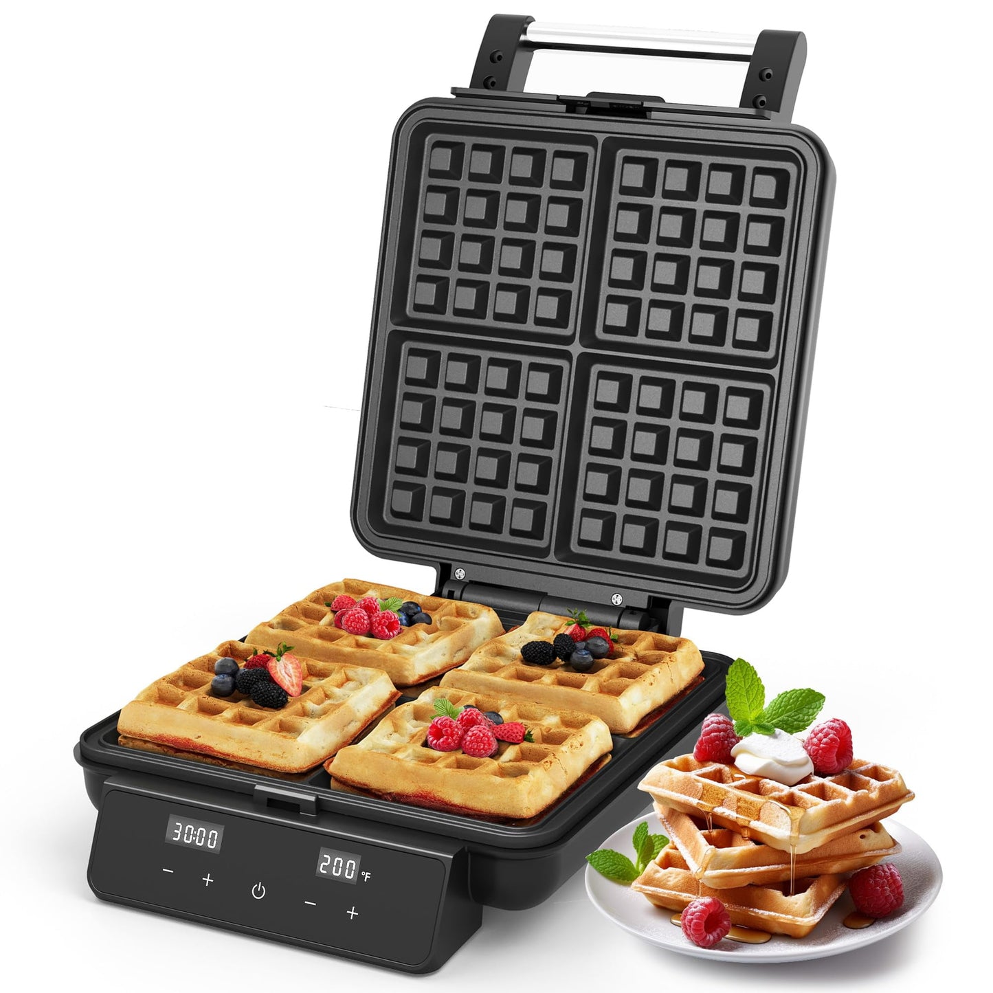 RoyalCraft Stainless Steel Waffle Maker 4 Slices with Quick Heat-Up, Time & Temperature Control, LCD Display, Nonstick Surface, Perfect Waffle Iron for Kids and Families, Silver