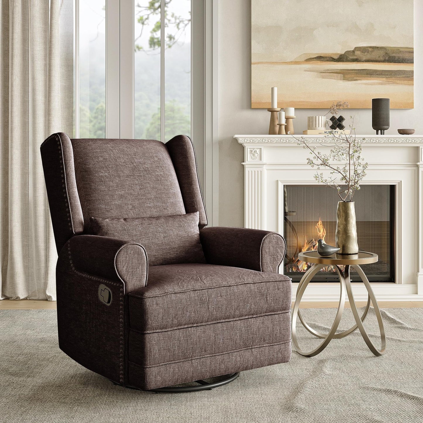 RoyalCraft Swivel Recliner Chair, Comfy Glider Rocking Chairs with Lumbar Pillow and Footrest, Upholstered Swivel Rocking Chair for Bedroom,Nursery,Brown