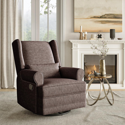 RoyalCraft Swivel Recliner Chair, Comfy Glider Rocking Chairs with Lumbar Pillow and Footrest, Upholstered Swivel Rocking Chair for Bedroom,Nursery,Brown
