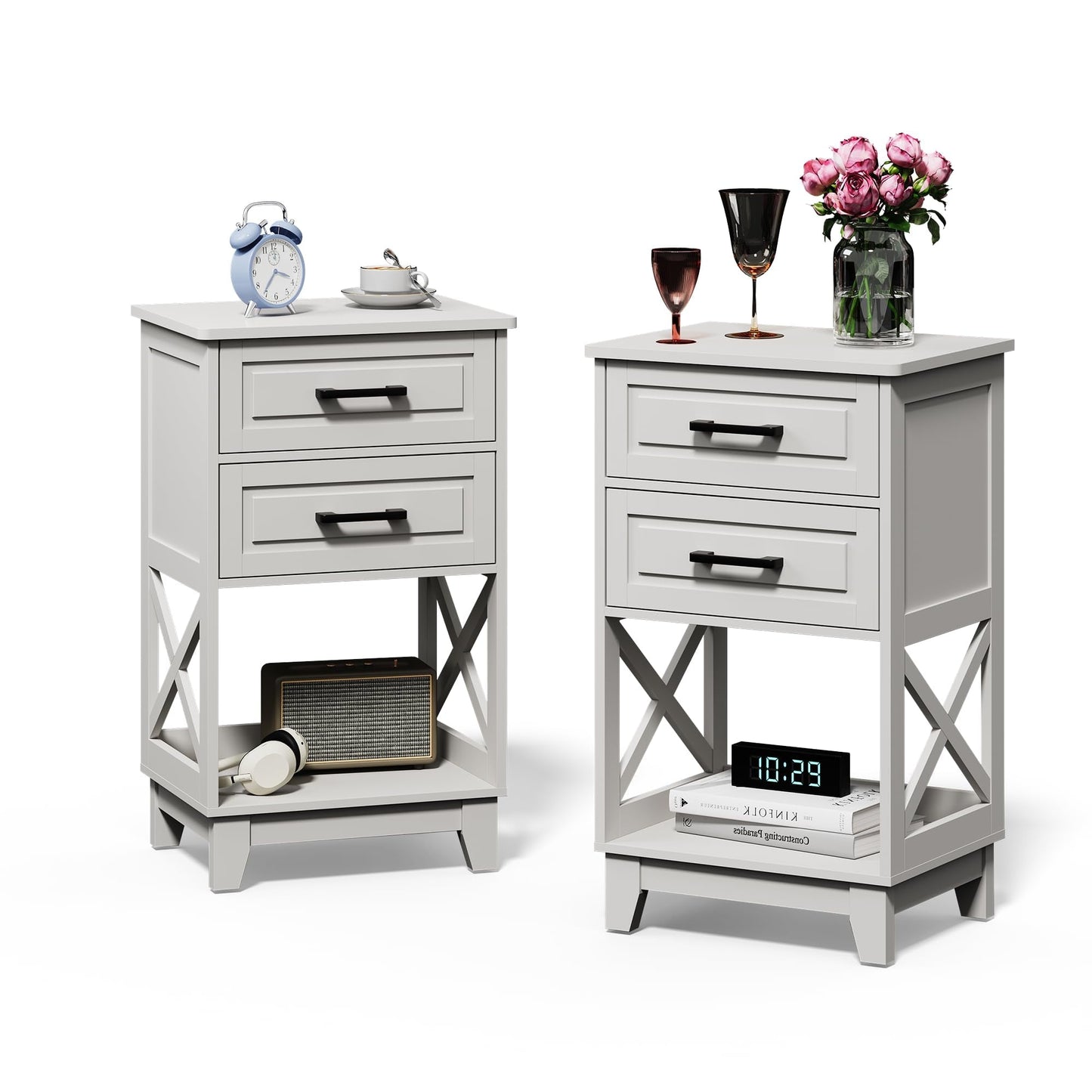 RoyalCraft Tall Nightstand Set of 2, Side Table with 2 Drawers and Open Shelf Below, Bedside Table with Solid Feet, Modern Night Stand End Table for Bedroom, Living Room, Home Office, White