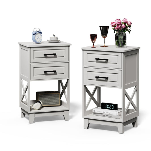 RoyalCraft Tall Nightstand Set of 2, Side Table with 2 Drawers and Open Shelf Below, Bedside Table with Solid Feet, Modern Night Stand End Table for Bedroom, Living Room, Home Office, White