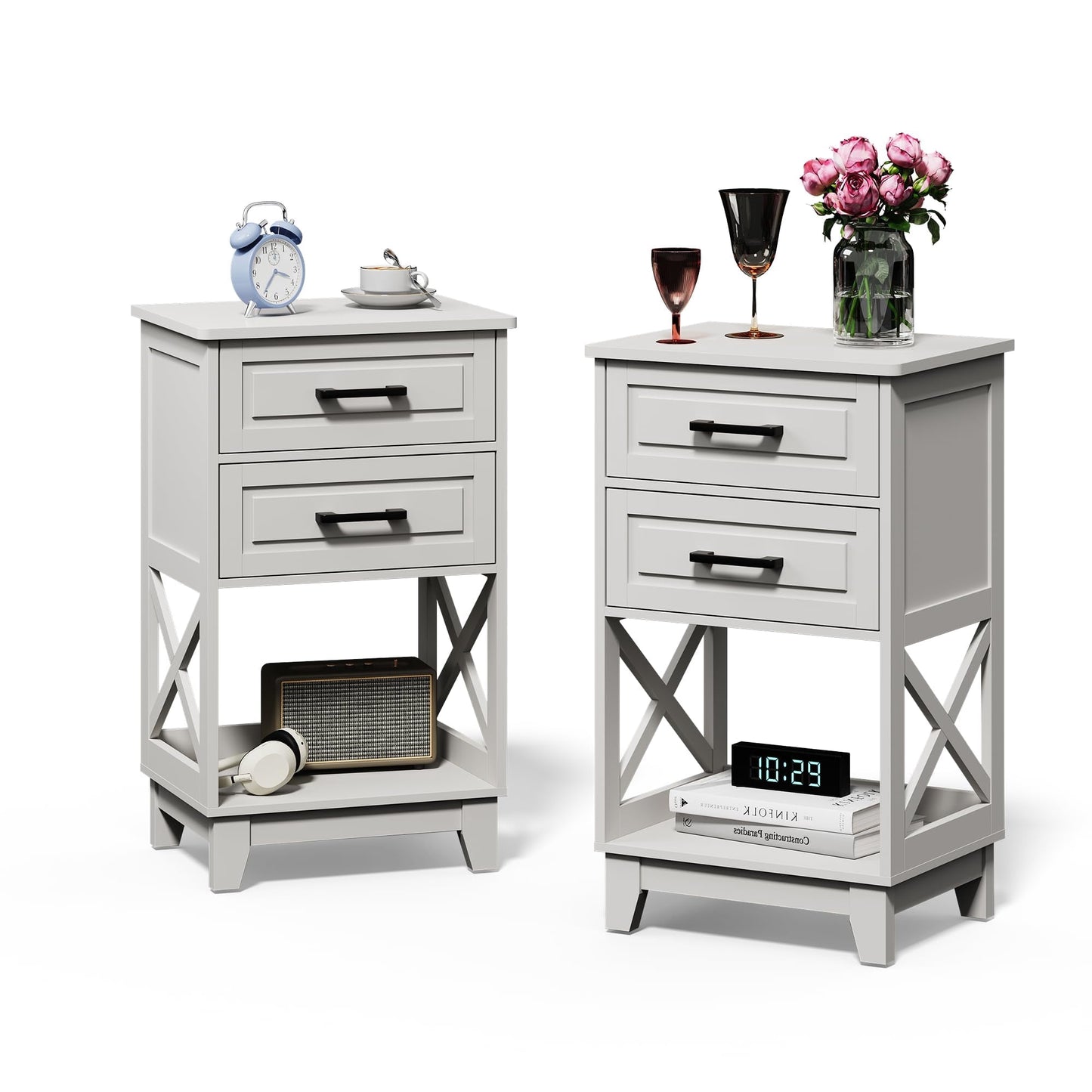 May in Color Tall Nightstand Set of 2, Side Table with 2 Drawers and Open Shelf Below, for Bedroom, Living Room, Home Office, White
