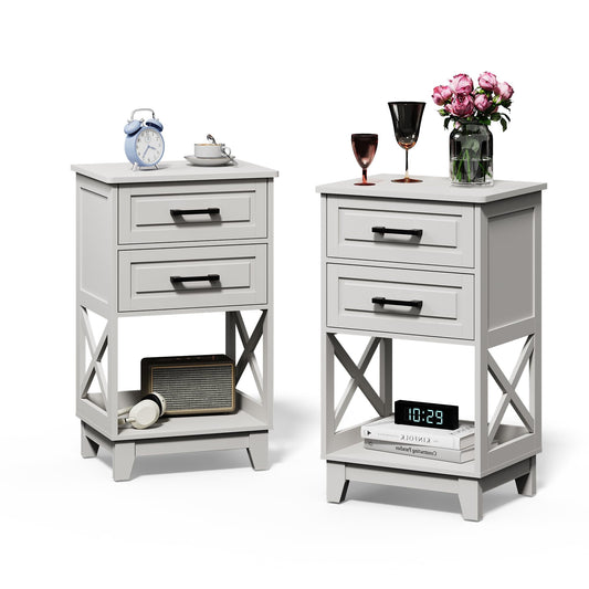 May in Color Tall Nightstand Set of 2, Side Table with 2 Drawers and Open Shelf Below, for Bedroom, Living Room, Home Office, White