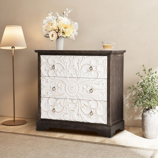 RoyalCraft Vintage 3 Drawer Dresser, Wide 3 Chest of Drawers, Accent Storage Cabinet with 3 Drawers, Farmhouse Nightstand with Gourd Legs, Wooden Closet Organizer for Bedroom, Living Room, Grey
