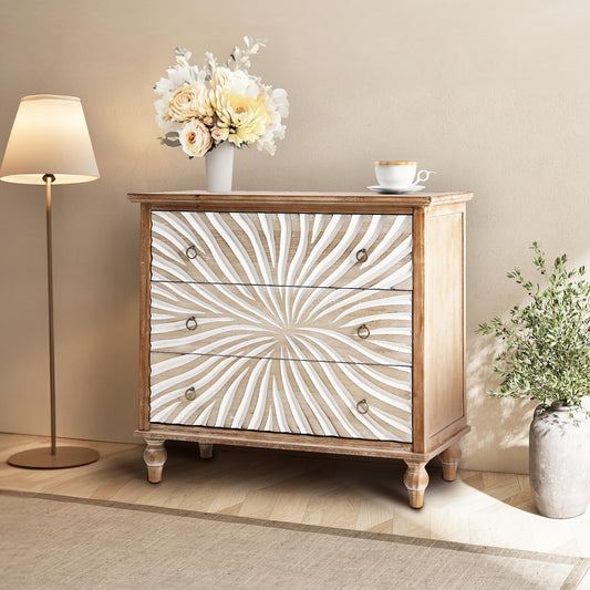 RoyalCraft Vintage 3 Drawer Dresser, Wide 3 Chest of Drawers, Accent Storage Cabinet with 3 Drawers, Farmhouse Nightstand with Gourd Legs, Wooden Closet Organizer for Bedroom, Living Room, Natural