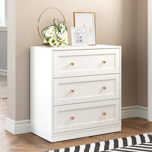 May in Color White 3 Drawer Dresser, Modern Chest of Drawers with Gold Dresser Knobs, Wood Dresser for Bedroom, Hallway, Entryway, Closets, Living Room
