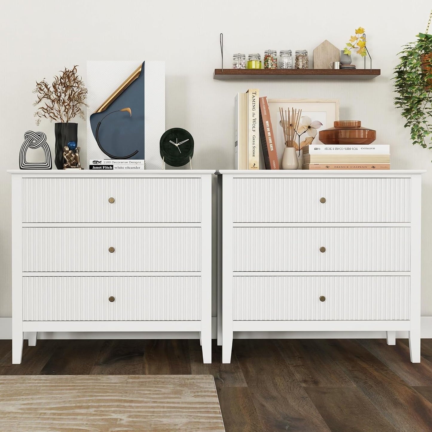 RoyalCraft Large White 3 Drawer Dresser Set of 2 with Fluted Panel, Modern Chest of Drawers with Silent Slide Drawers, Wood Accent Nightstand with Storage for Bedroom Living Room, Nursery, Hallway