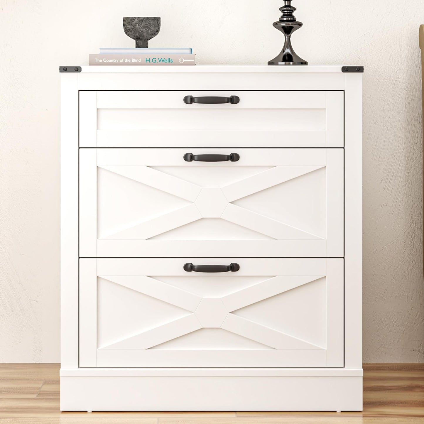 RoyalCraft White 3 Drawer Dresser, Wood X-shaped Chest of Drawers for Bedroom, Farmhouse Wide Nightstand with Drawers Cabinet for Bedroom, Living Room, Hallway, Entryway