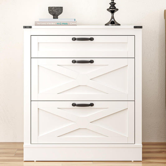 RoyalCraft White 3 Drawer Dresser, Wood X-shaped Chest of Drawers for Bedroom, Farmhouse Wide Nightstand with Drawers Cabinet for Bedroom, Living Room, Hallway, Entryway