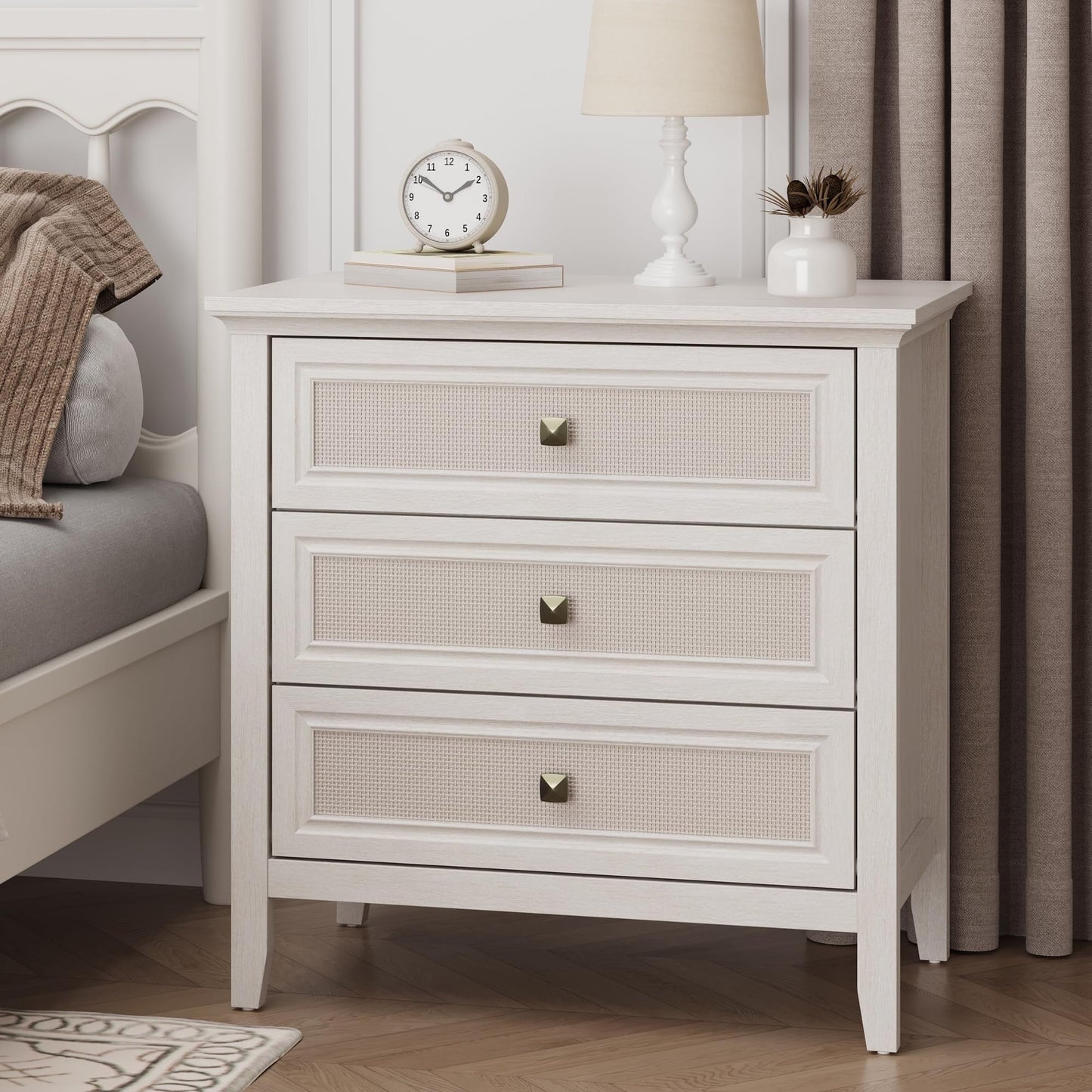 RoyalCraft White Dresser for Bedroom, Boho Tall Dresser with 3 Rattan Decorated Drawers, Modern Wood Chest of Drawers for Closet, Living Room, Hallway, Entryway