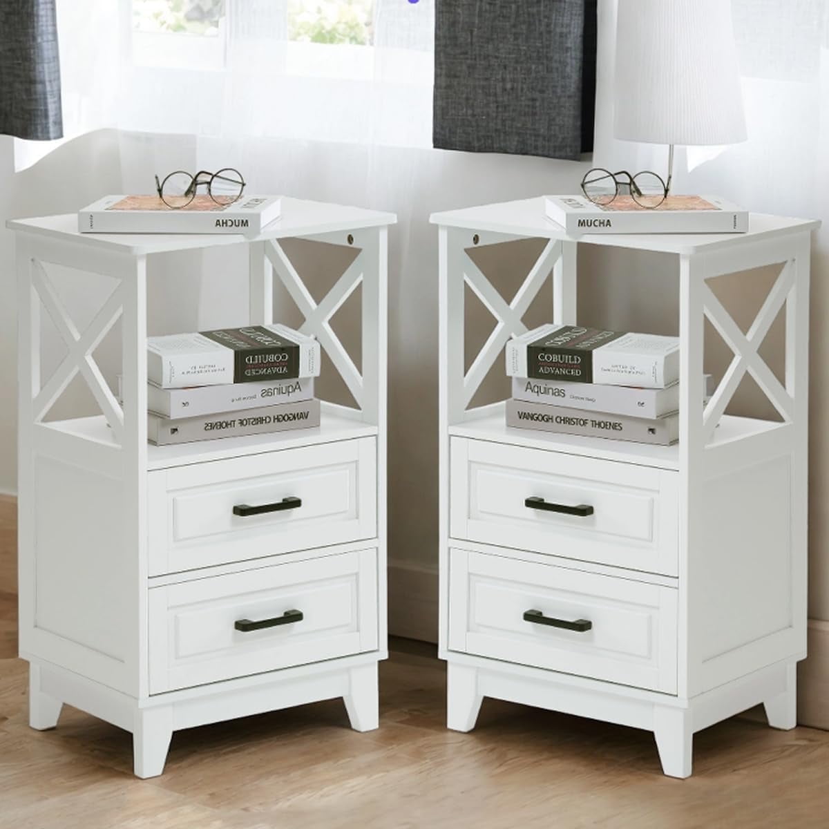 RoyalCraft White Nightstand Set of 2, Wood X-Design Tall Nightstand with 2 Drawers, Modern Side Tables with Storage, Bedside End Tables for Bedroom, Living Room