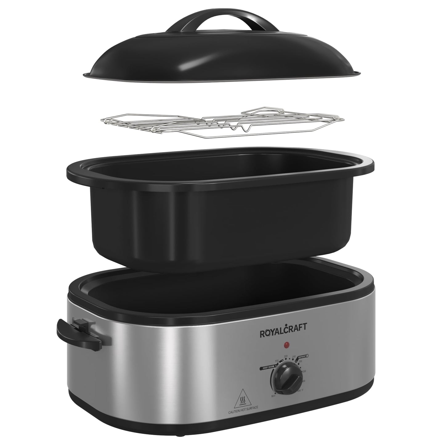 Royalcraft 18 Quart Roasting Oven with Self-Basting Lid Removable Pan, 150 to 450F Temperature Control Cool-Touch Handles,Silver