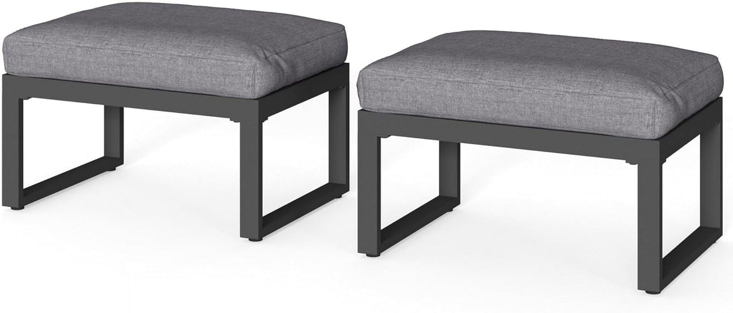 Royalcraft 2 Pieces Aluminum Outdoor Patio Ottoman Set, Outdoor Foot Stools with Thick Cushion, Small Seat Furniture for Porch Balcony Backyard, Grey