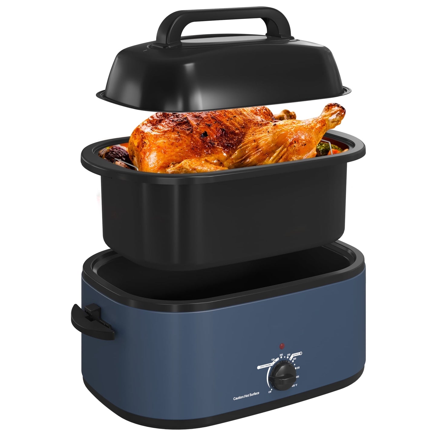 Royalcraft 22 Quart Electric Turkey Roaster Oven with Visible Glass Lid,Removable Pan & Rack, Stainless Steel,Blue