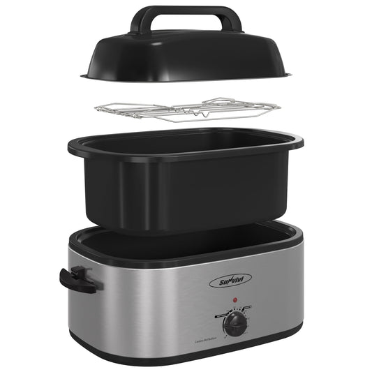 Sunvivi 20 Quart Electric Turkey Roaster Oven with Visible Glass Lid,Removable Pan & Rack, Stainless Steel,Silver