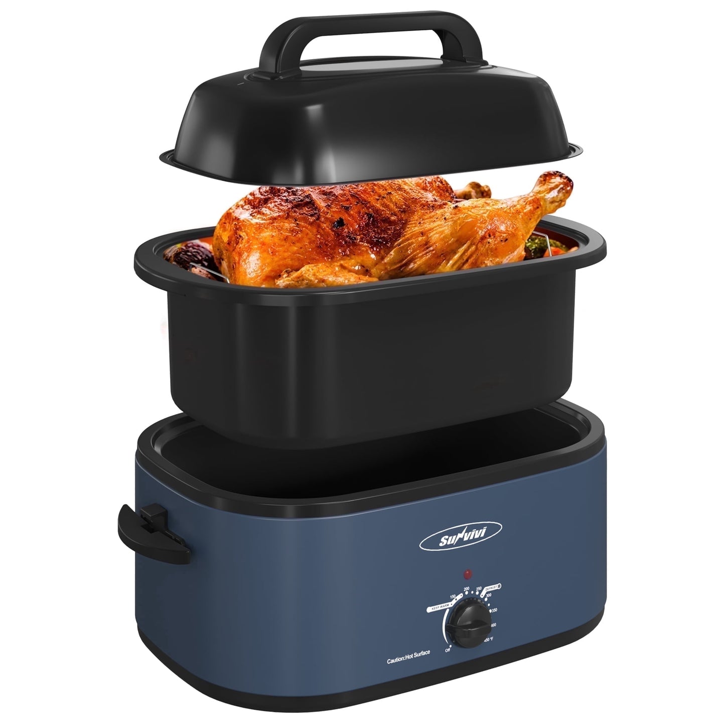 Sunvivi 26 Quart Electric Turkey Roaster Oven Upgraded Large Size with Visible Glass Lid, Removable Pan & Rack, Stainless Steel, Blue