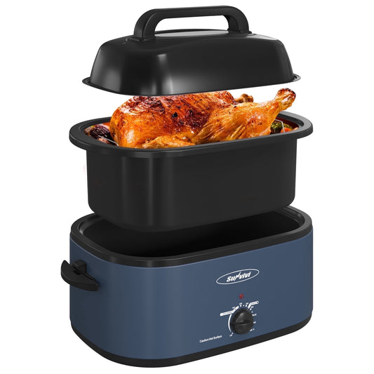 Sunvivi 26 Quart Electric Turkey Roaster Oven Upgraded Large Size with Visible Glass Lid, Removable Pan & Rack, Stainless Steel, Blue