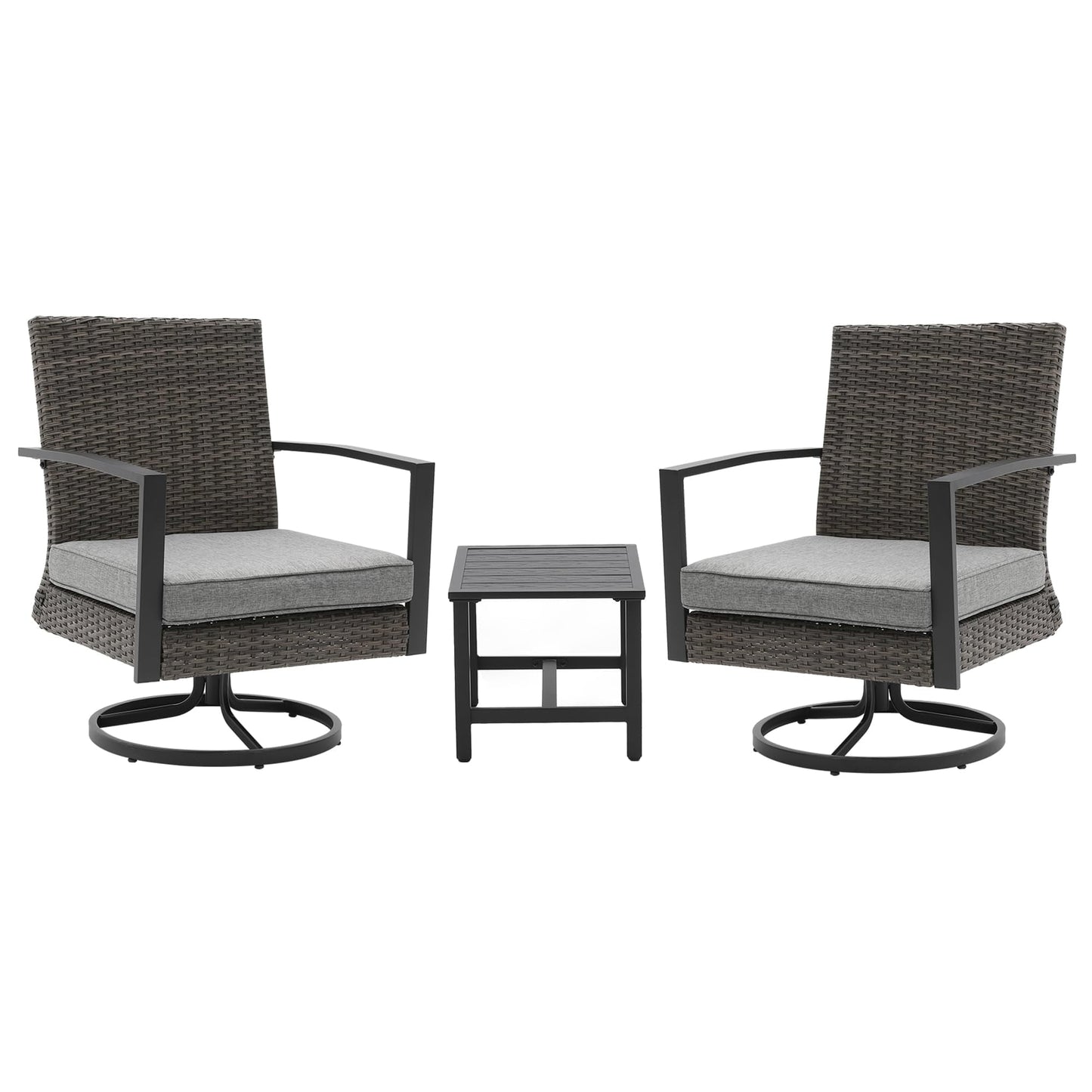 Royalcraft 3 Pieces Patio Bistro Set with Swivel Chair and Small Side Table, All Weather Rattan Chairs with Water-Resistant Cushions & Metal Frame, Outdoor Rocking Chairs, Grey