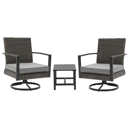 Royalcraft 3 Pieces Patio Bistro Set with Swivel Chair and Small Side Table, All Weather Rattan Chairs with Water-Resistant Cushions & Metal Frame, Outdoor Rocking Chairs, Grey
