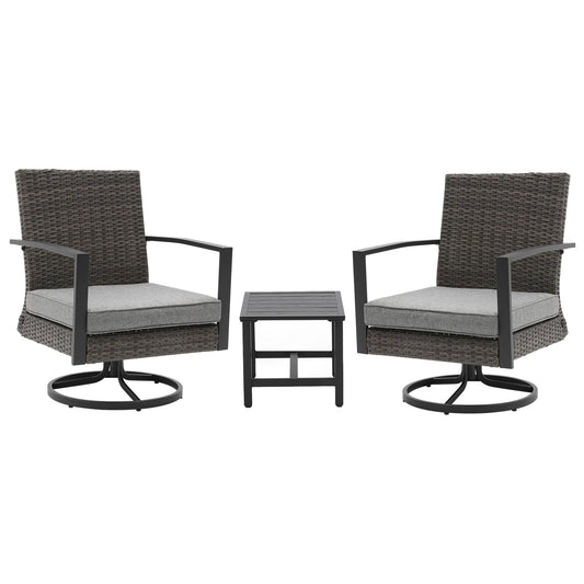 Royalcraft 3 Pieces Patio Bistro Set with Swivel Chair and Small Side Table, All Weather Rattan Chairs with Water-Resistant Cushions & Metal Frame, Outdoor Rocking Chairs, Grey