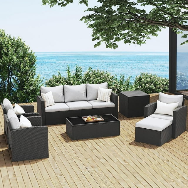 Royalcraft 9 Pieces Patio Furniture Set, All Weather PE Wicker Rattan Outdoor Sectional Sofa with Coffee Table and Navy Blue Cushion, Outdoor Furniture for Lawn Backyard Poolside Porch