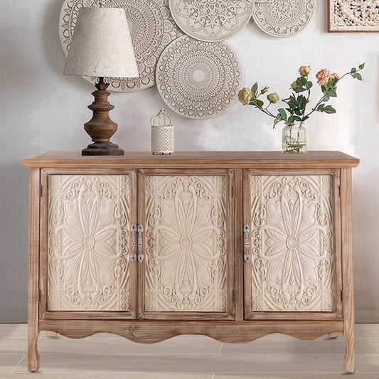 May in Color Accent Cabinet with 3 Carved Doors, Vintage Sideboard Buffet Cabinet with Shelves, for Kitchen, Dining Room, Living Room, Bedroom, Natural