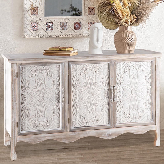 May in Color Accent Cabinet, Vintage Sideboard with 3 Carved Doors, Rustic Storage Cabinet for Kitchen, Dining Room, Bedroom, Wash Grey