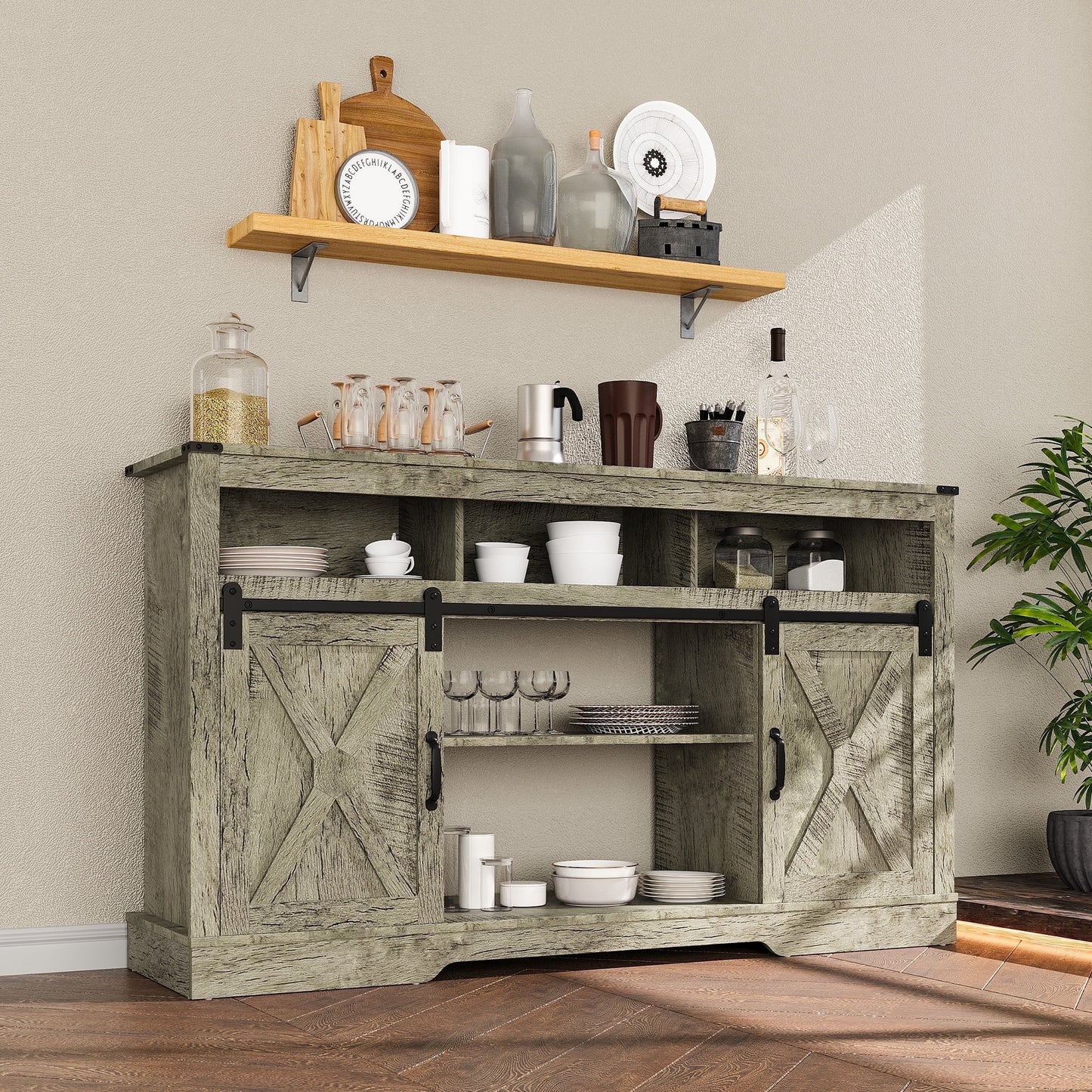 Mayincolor Rustic Farmhouse TV Stand for 65+ Inch TVs, 34'' Tall Entertainment Center with Sliding Barn Door