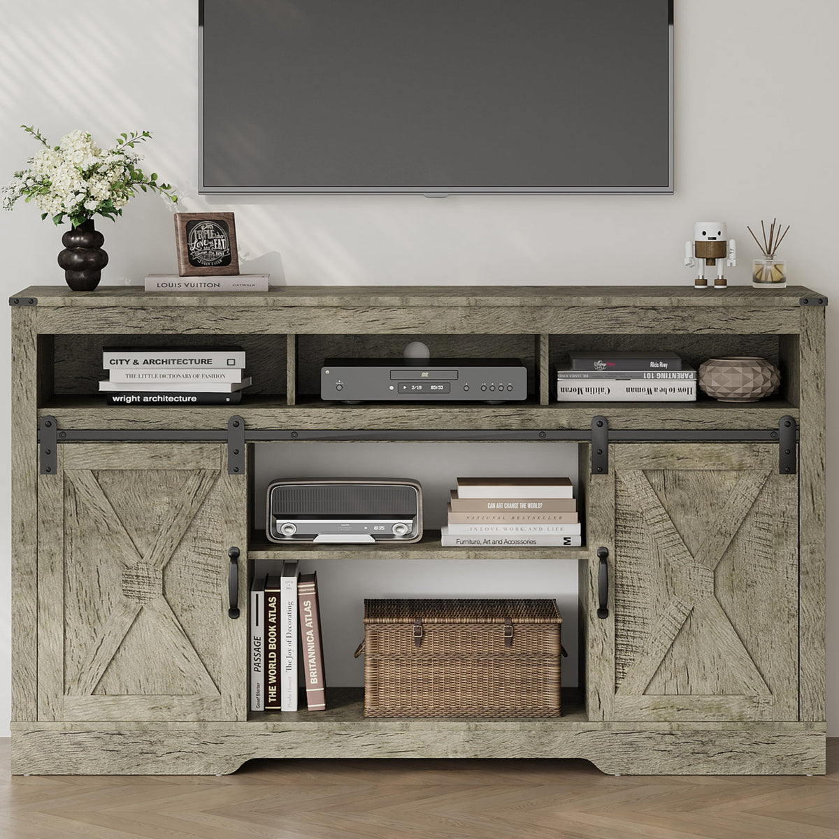 May in Color Adjustable Television Stands, Wood Light Grey, 58" x 16" x 34", 109 lbs