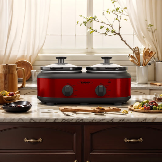 Sunvivi Double Slow Cooker,2 Pot Small Mini Crock Buffet Servers and Warmer,Dual Pot Oval Manual Slow Cooker with Adjustable Temp Removable Ceramic Pot,Stainless Steel, Total 2.5 Quarts Red