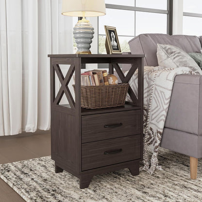 Royalcraft End Table, Side Table with X Shaped Design, Wooden Rustic End Table with 2 Large Storage Drawers and Large Open Shelf for Living Room