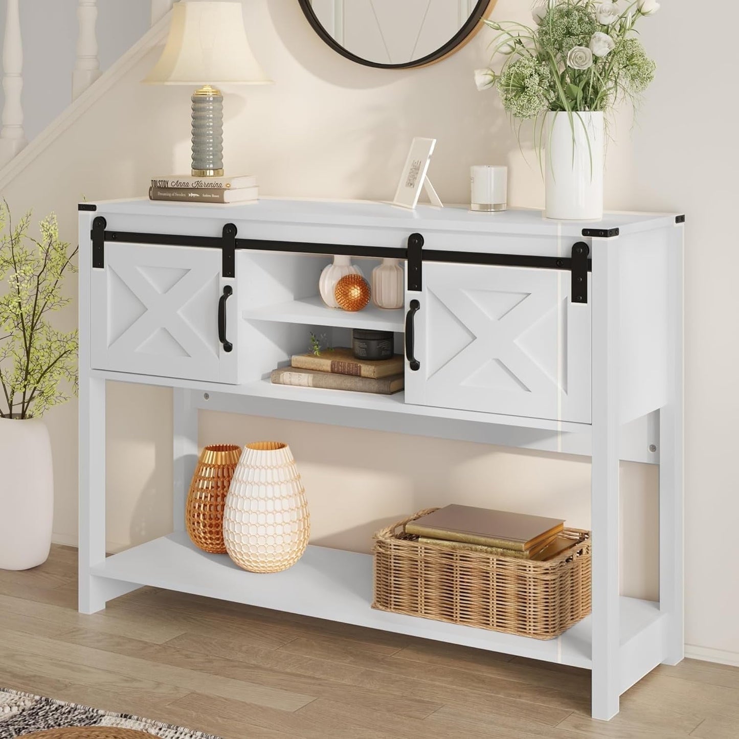 May in Color Entryway Table, 46" Modern Farmhouse Console Table with Sliding Barn Door, for Hallway, Living Room, Foyer, White